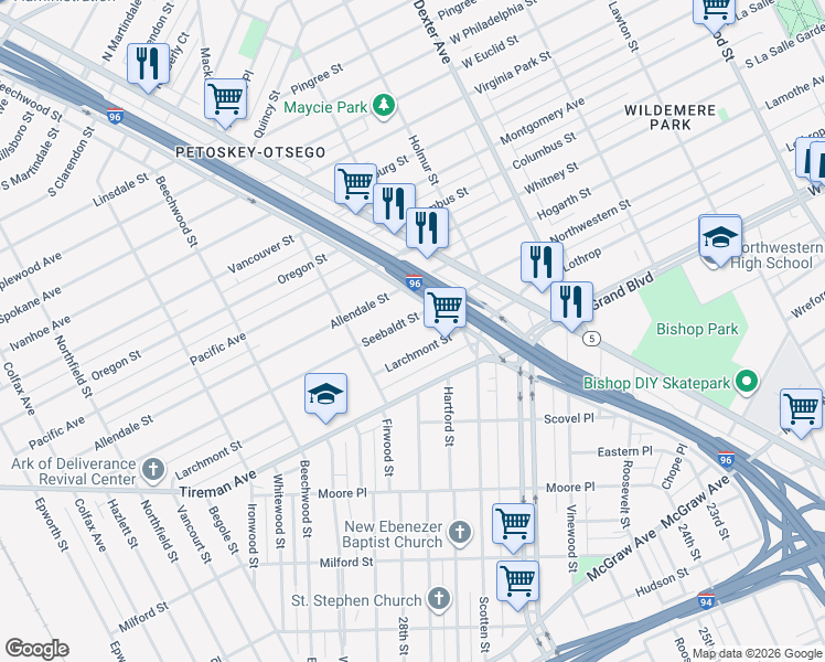 map of restaurants, bars, coffee shops, grocery stores, and more near 4270 Seebaldt Street in Detroit