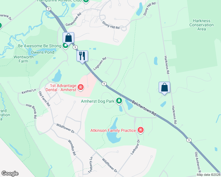 map of restaurants, bars, coffee shops, grocery stores, and more near 1 Logtown Road in Amherst