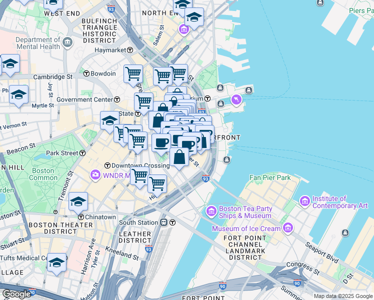 map of restaurants, bars, coffee shops, grocery stores, and more near 67 Batterymarch Street in Boston