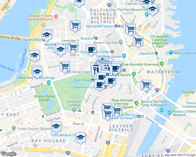 map of restaurants, bars, coffee shops, grocery stores, and more near in Boston