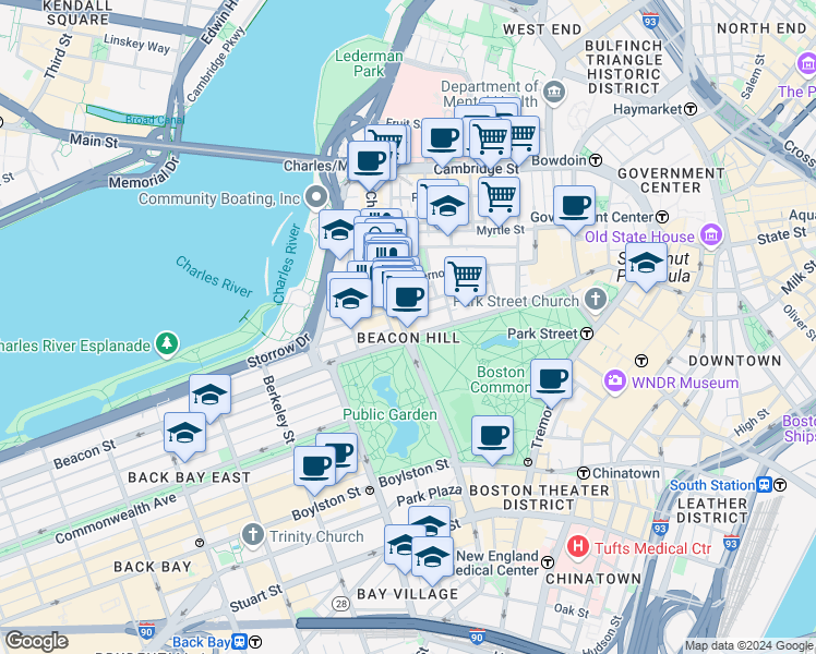 map of restaurants, bars, coffee shops, grocery stores, and more near 34 Charles Street in Boston