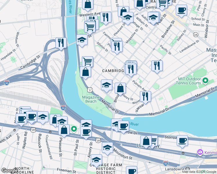map of restaurants, bars, coffee shops, grocery stores, and more near 17 Glenwood Avenue in Cambridge