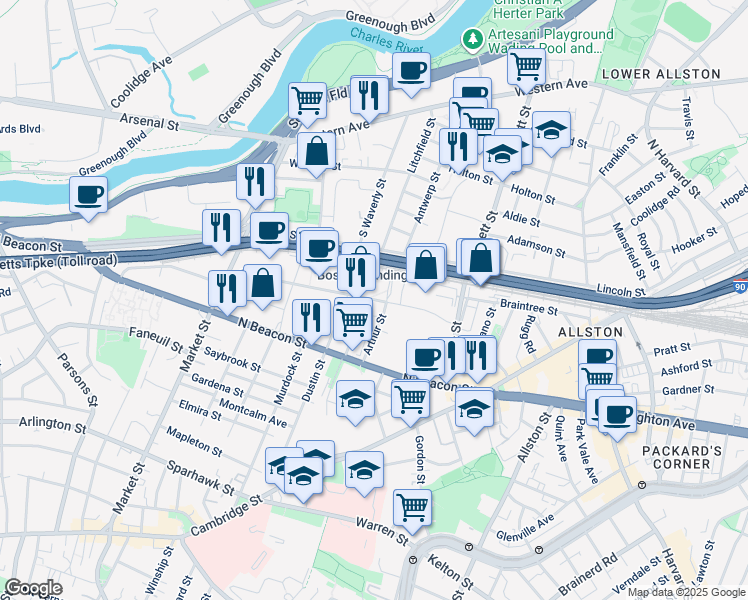 map of restaurants, bars, coffee shops, grocery stores, and more near 180 Guest Street in Boston