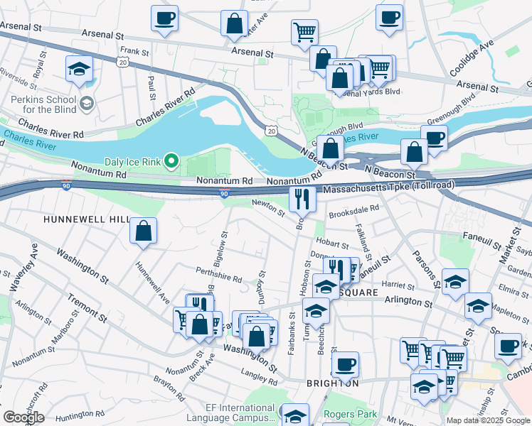 map of restaurants, bars, coffee shops, grocery stores, and more near 40 Newton Street in Boston