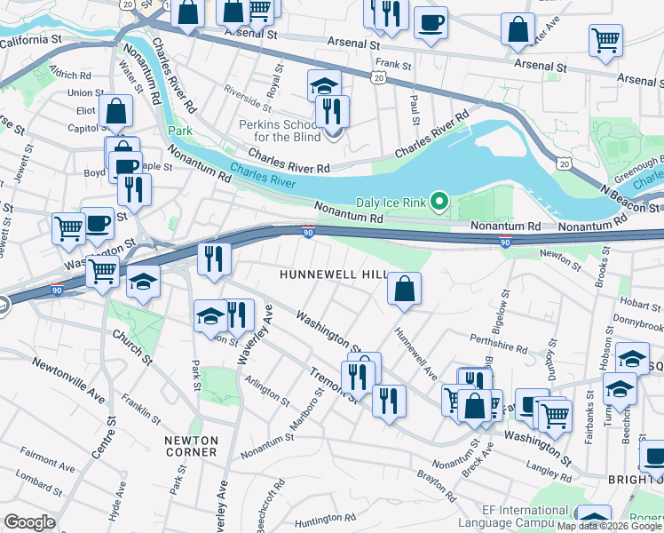 map of restaurants, bars, coffee shops, grocery stores, and more near 65 Grasmere Street in Newton