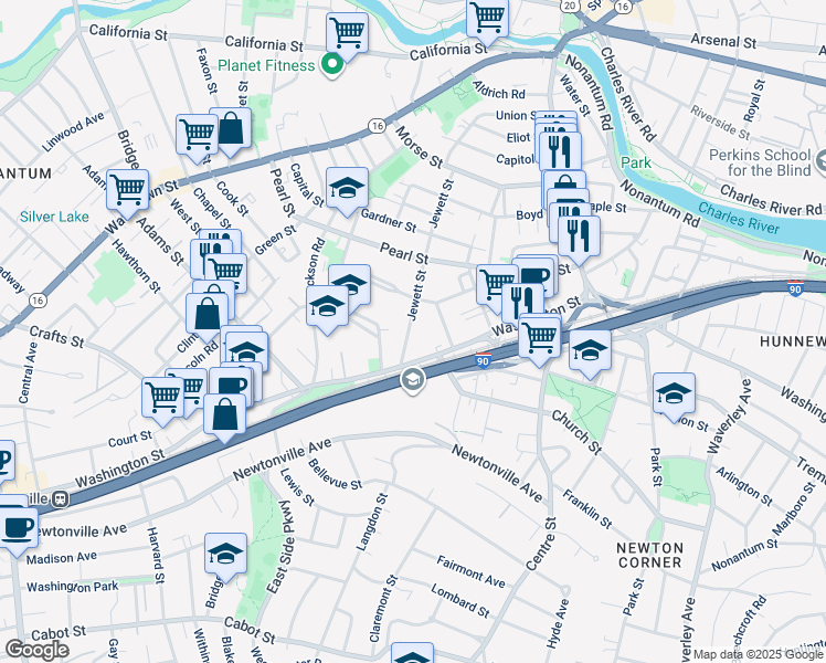map of restaurants, bars, coffee shops, grocery stores, and more near 119 Jewett Street in Newton