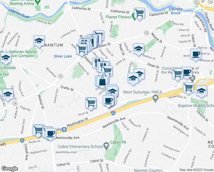 map of restaurants, bars, coffee shops, grocery stores, and more near 8 Clinton Street in Newton