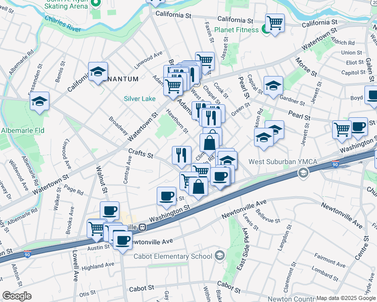 map of restaurants, bars, coffee shops, grocery stores, and more near 92 Hawthorn Street in Newton