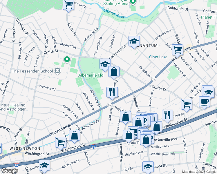 map of restaurants, bars, coffee shops, grocery stores, and more near 159 Edinboro Street in Newton