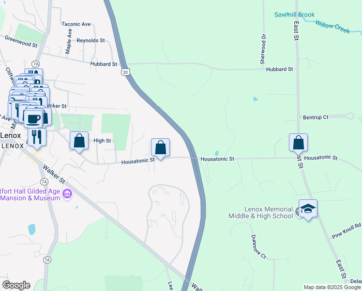 map of restaurants, bars, coffee shops, grocery stores, and more near 197 Housatonic St in Lenox