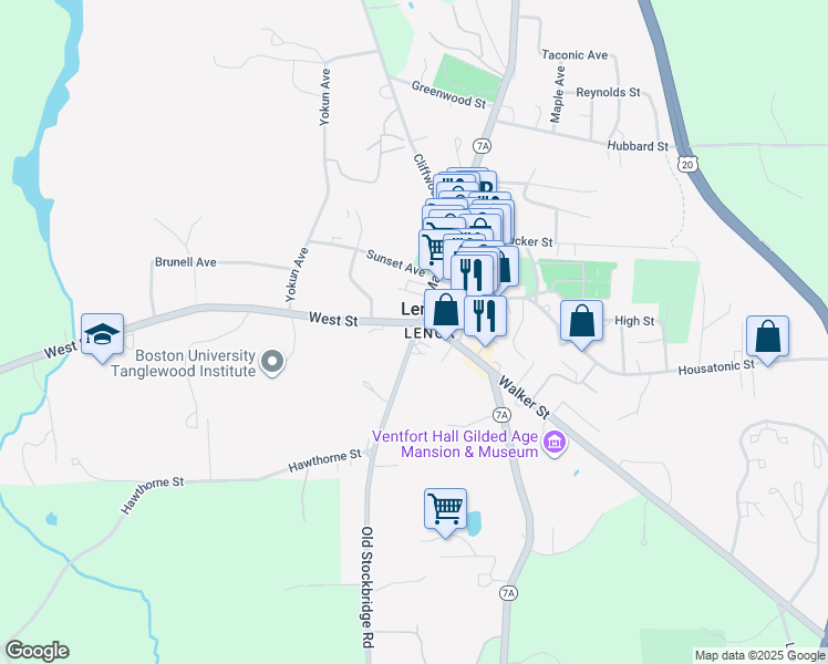 map of restaurants, bars, coffee shops, grocery stores, and more near 14 Old Stockbridge Road in Lenox