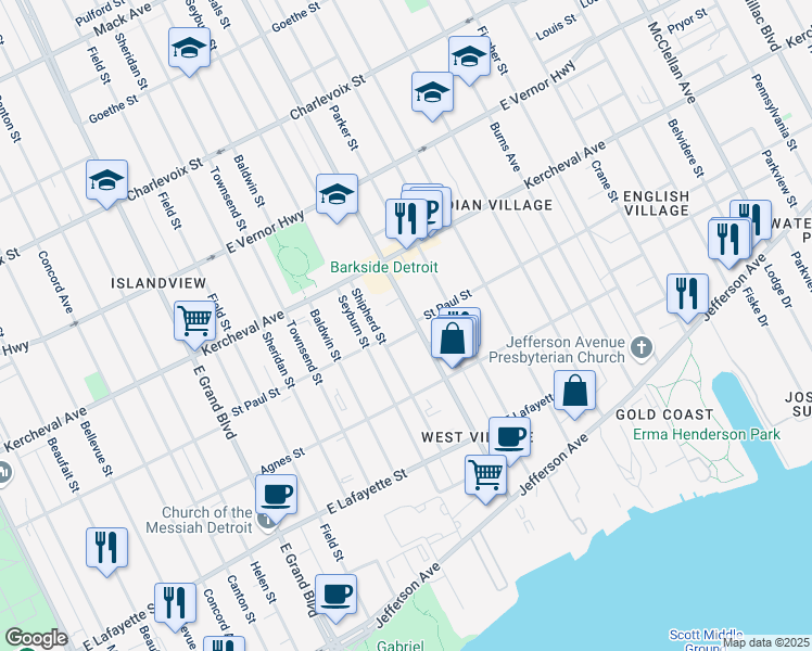 map of restaurants, bars, coffee shops, grocery stores, and more near 1775 Van Dyke Street in Detroit