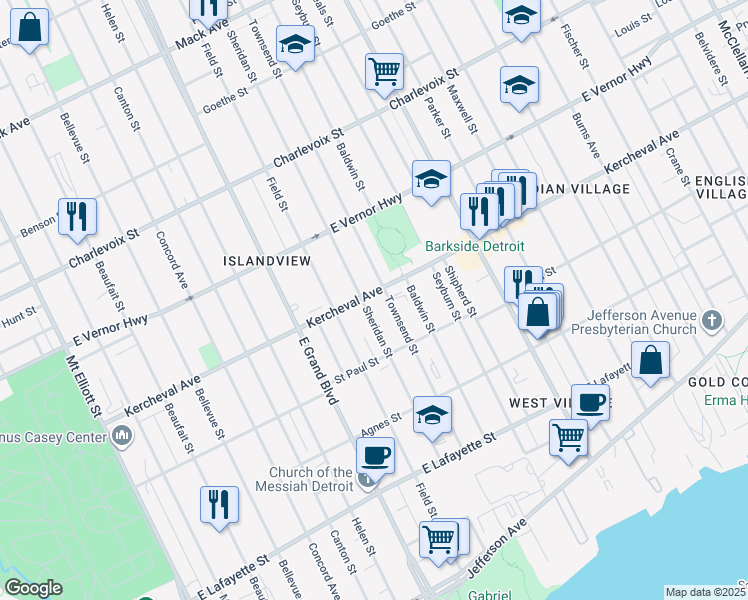 map of restaurants, bars, coffee shops, grocery stores, and more near 7441 Kercheval Avenue in Detroit