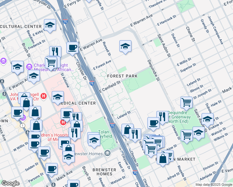 map of restaurants, bars, coffee shops, grocery stores, and more near 1316 East Canfield Street in Detroit