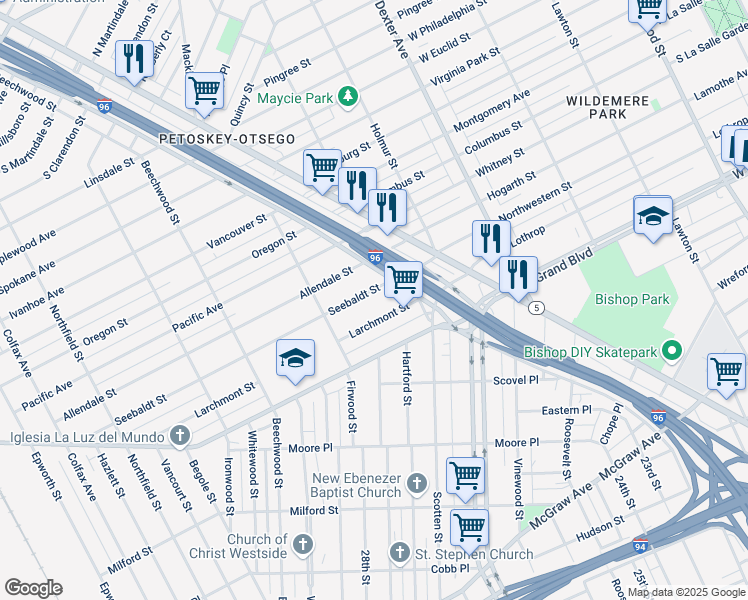 map of restaurants, bars, coffee shops, grocery stores, and more near 4270 Seebaldt Street in Detroit