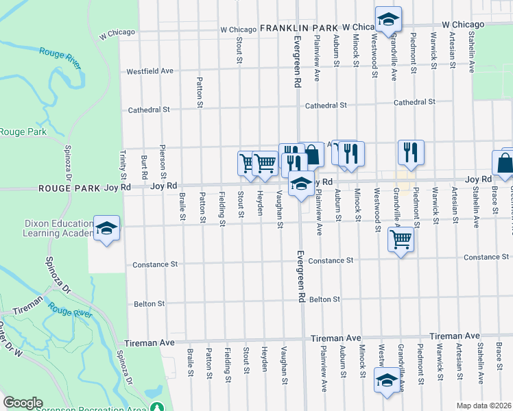 map of restaurants, bars, coffee shops, grocery stores, and more near 8694 Heyden in Detroit