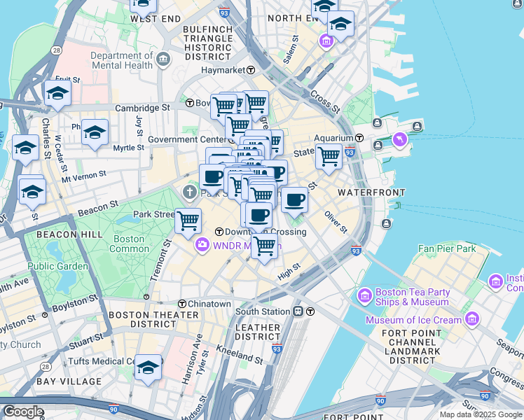 map of restaurants, bars, coffee shops, grocery stores, and more near 14 Milk Street in Boston
