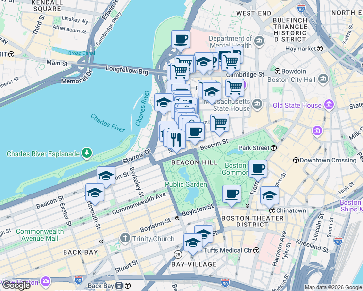 map of restaurants, bars, coffee shops, grocery stores, and more near 34 Charles Street in Boston
