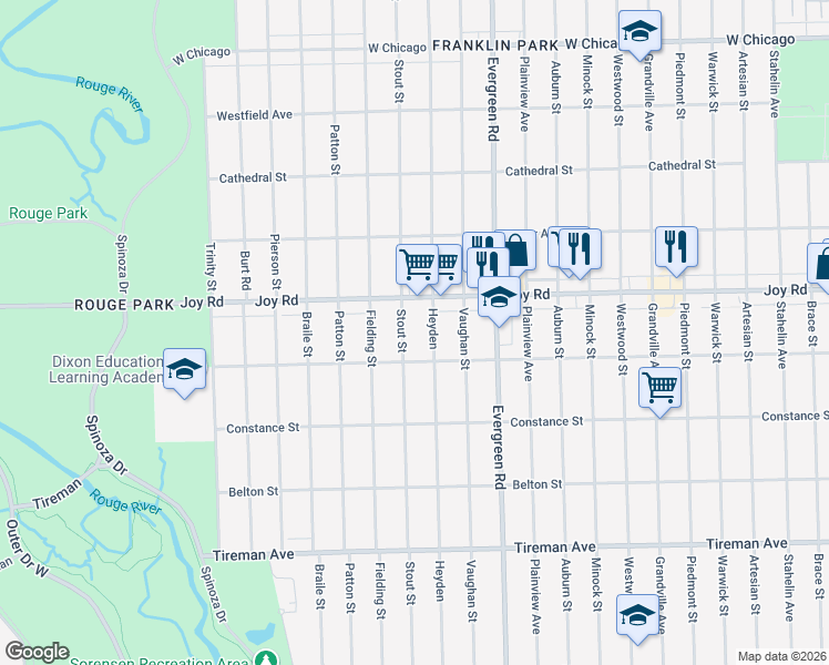 map of restaurants, bars, coffee shops, grocery stores, and more near 8691 Stout Street in Detroit