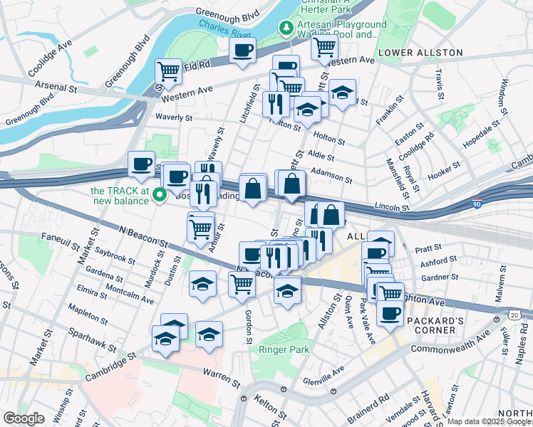 map of restaurants, bars, coffee shops, grocery stores, and more near 60 Everett Street in Boston