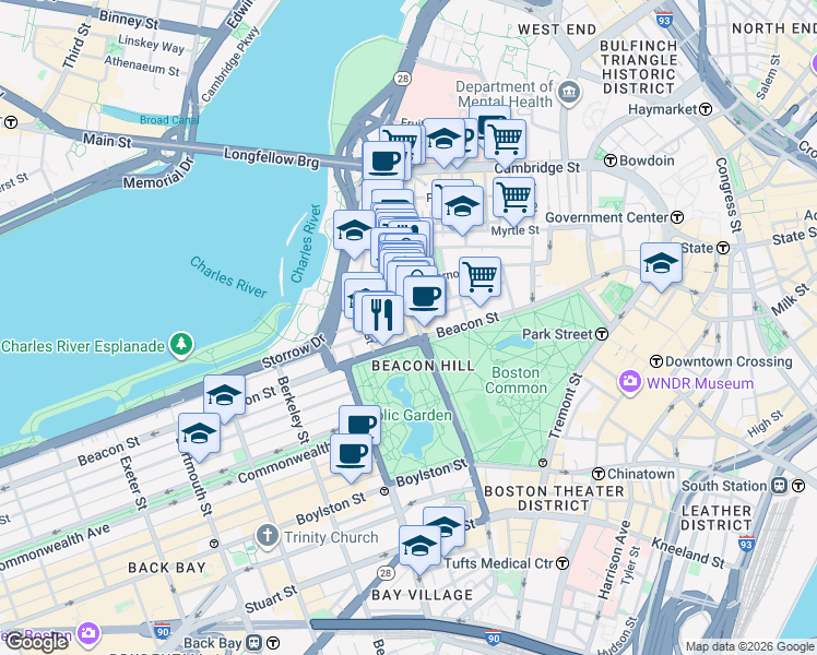 map of restaurants, bars, coffee shops, grocery stores, and more near 34 Charles Street in Boston
