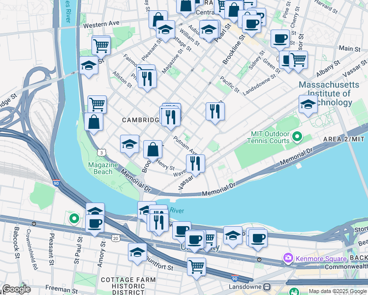 map of restaurants, bars, coffee shops, grocery stores, and more near 254 Sidney Street in Cambridge