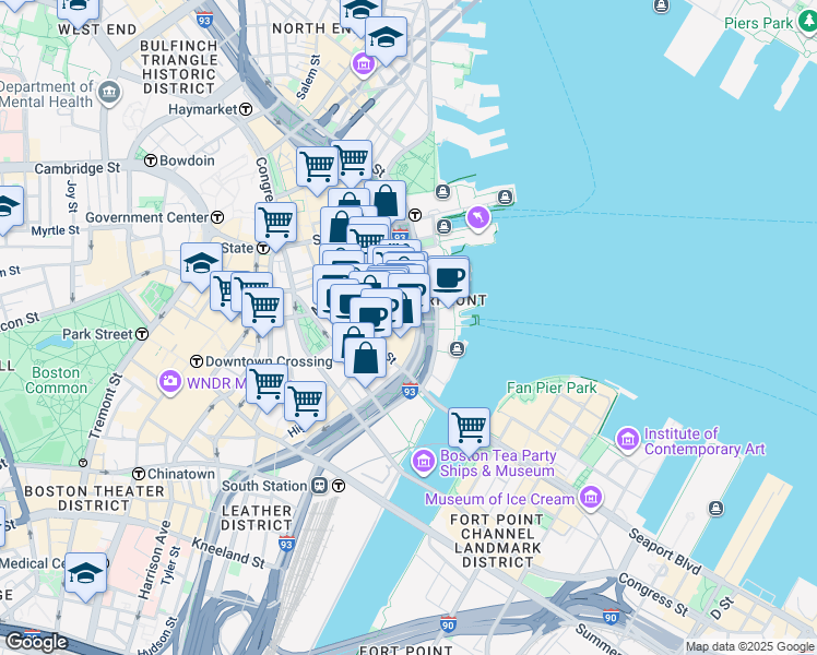 map of restaurants, bars, coffee shops, grocery stores, and more near 2 International Place in Boston