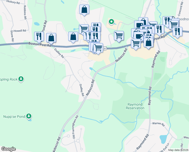 map of restaurants, bars, coffee shops, grocery stores, and more near 177 Nobscot Road in Sudbury