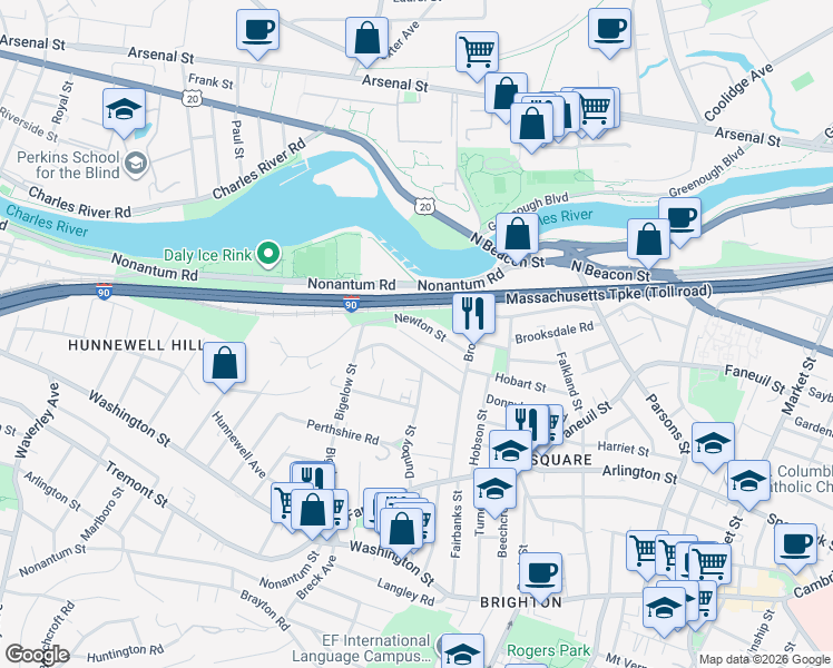 map of restaurants, bars, coffee shops, grocery stores, and more near 40 Newton Street in Boston
