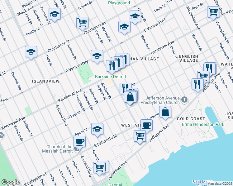 map of restaurants, bars, coffee shops, grocery stores, and more near 1725 Van Dyke in Detroit