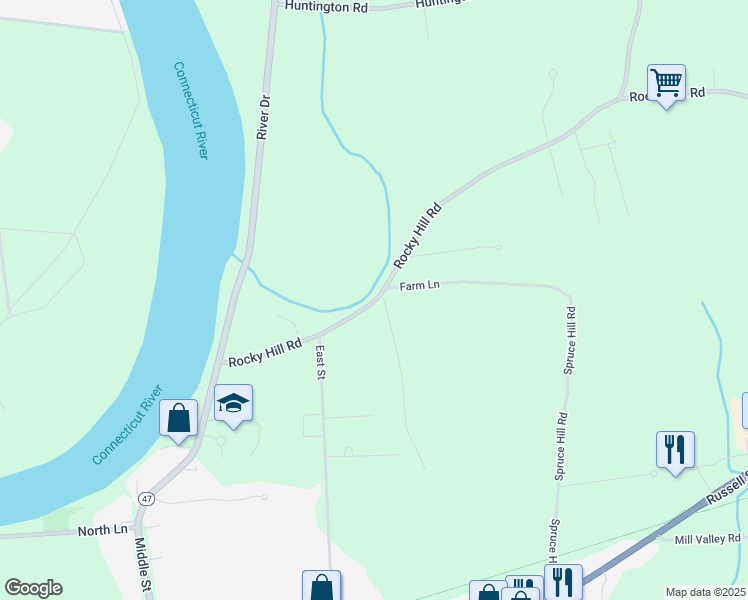 map of restaurants, bars, coffee shops, grocery stores, and more near 23 Rocky Hill Rd in Hadley