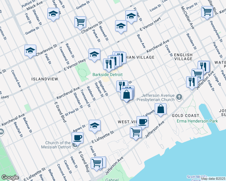 map of restaurants, bars, coffee shops, grocery stores, and more near 1725 Van Dyke Street in Detroit