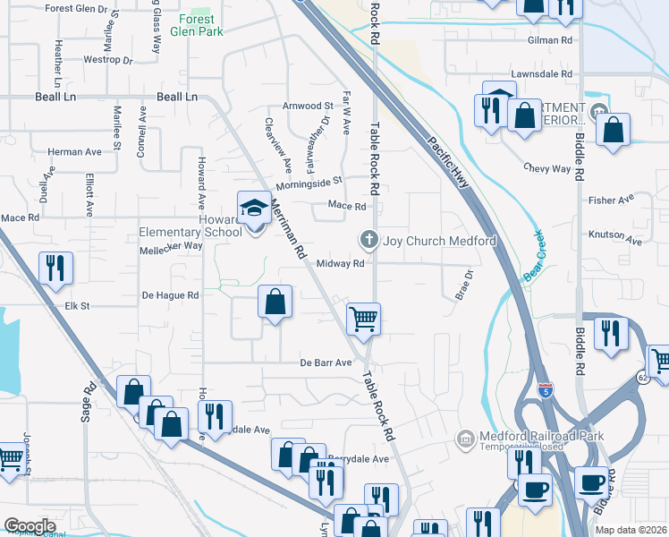 map of restaurants, bars, coffee shops, grocery stores, and more near 439 Midway Road in Medford