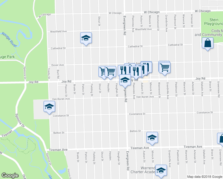 map of restaurants, bars, coffee shops, grocery stores, and more near 8660 Heyden Avenue in Detroit