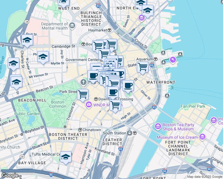 map of restaurants, bars, coffee shops, grocery stores, and more near 159 Devonshire Street in Boston