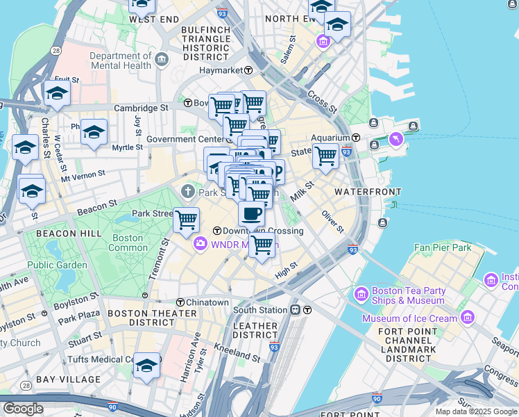 map of restaurants, bars, coffee shops, grocery stores, and more near 45 Milk Street in Boston