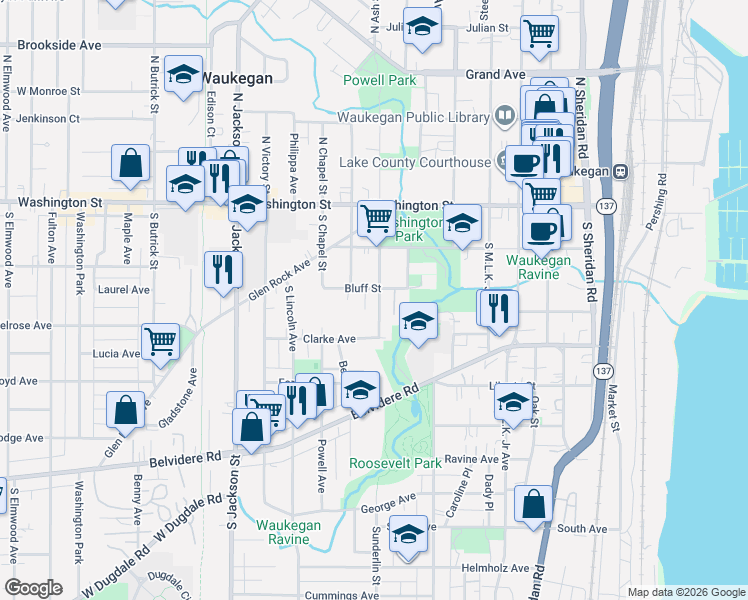 map of restaurants, bars, coffee shops, grocery stores, and more near 562 Bluff Street in Waukegan