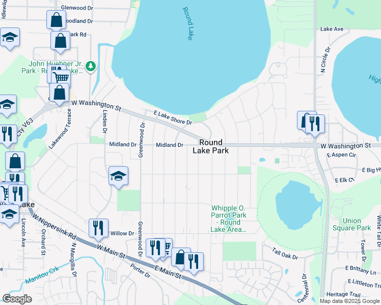 map of restaurants, bars, coffee shops, grocery stores, and more near 429 Highmoor Drive in Round Lake Park