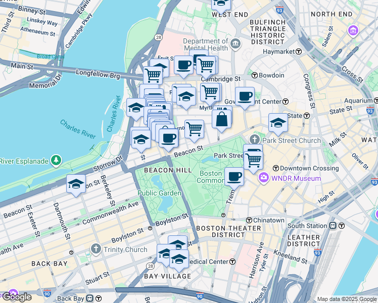 map of restaurants, bars, coffee shops, grocery stores, and more near Spruce St & Beacon St in Boston