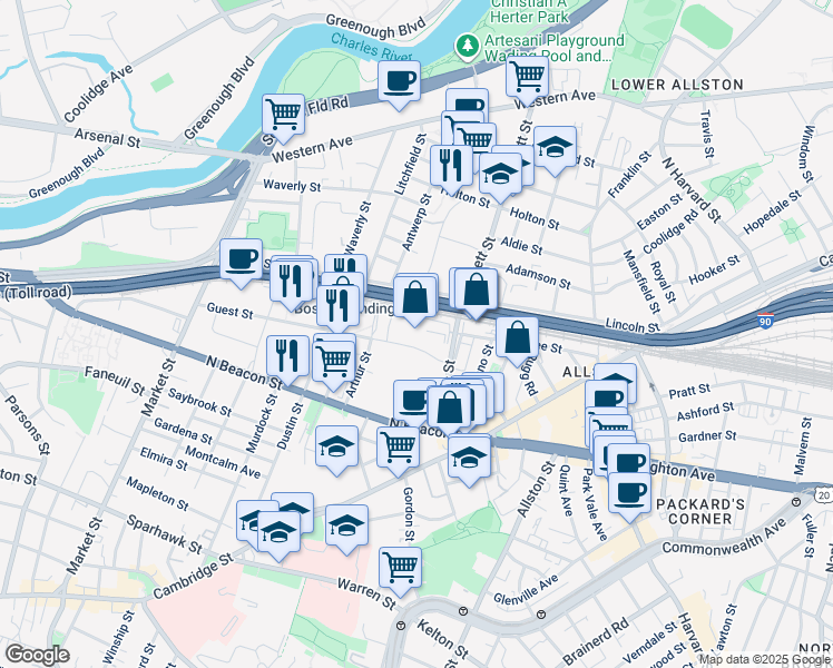 map of restaurants, bars, coffee shops, grocery stores, and more near 60 Everett Street in Boston