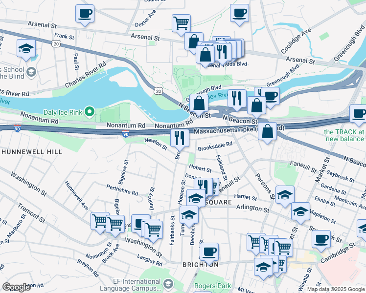 map of restaurants, bars, coffee shops, grocery stores, and more near 7 Riverview Road in Boston