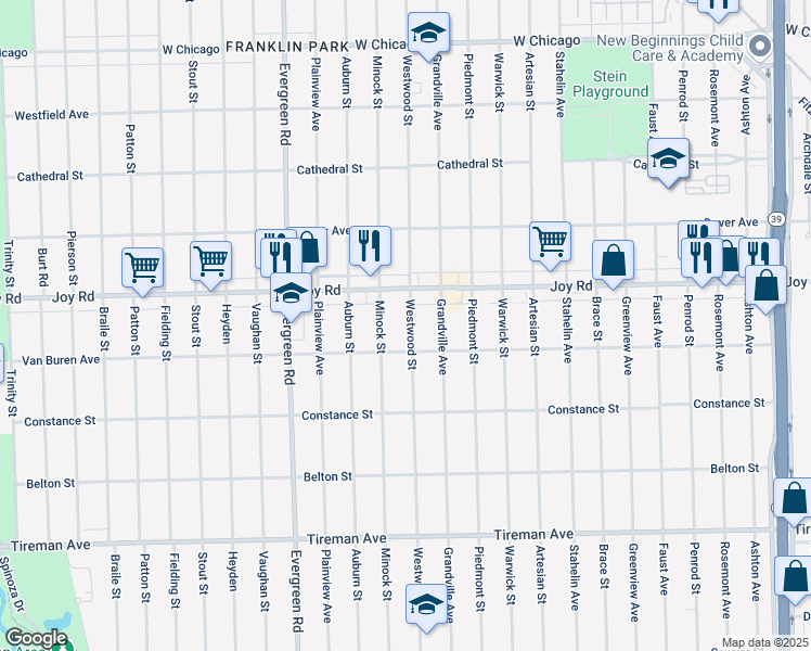 map of restaurants, bars, coffee shops, grocery stores, and more near 8651 Westwood Street in Detroit