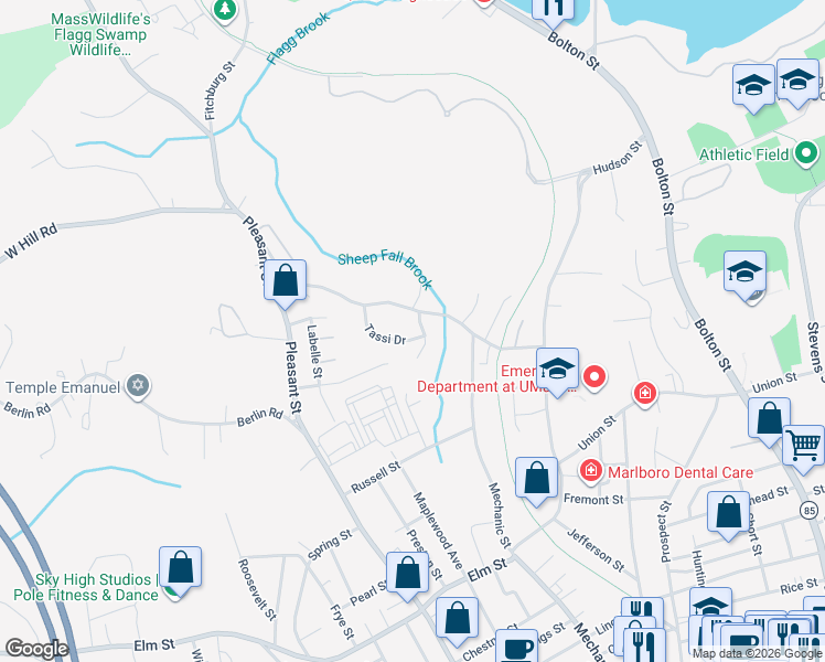 map of restaurants, bars, coffee shops, grocery stores, and more near 20 Temple Circle in Marlborough