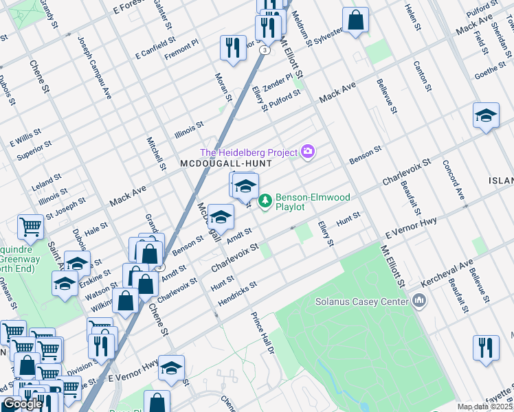 map of restaurants, bars, coffee shops, grocery stores, and more near 3344 Heidelberg Street in Detroit
