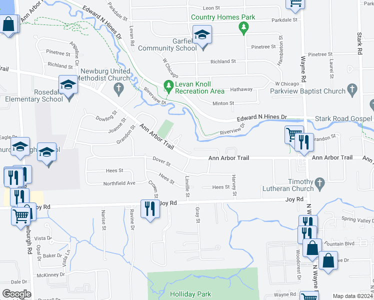 map of restaurants, bars, coffee shops, grocery stores, and more near 36078 Ann Arbor Trail in Livonia