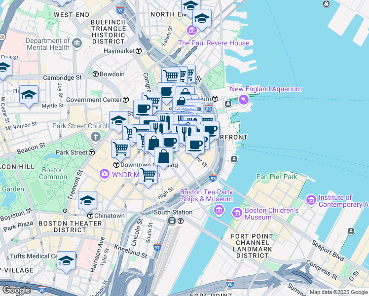 map of restaurants, bars, coffee shops, grocery stores, and more near 20 Pearl Street in Boston