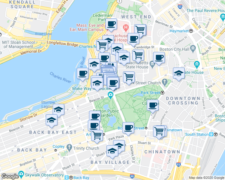 map of restaurants, bars, coffee shops, grocery stores, and more near 34 Charles Street in Boston