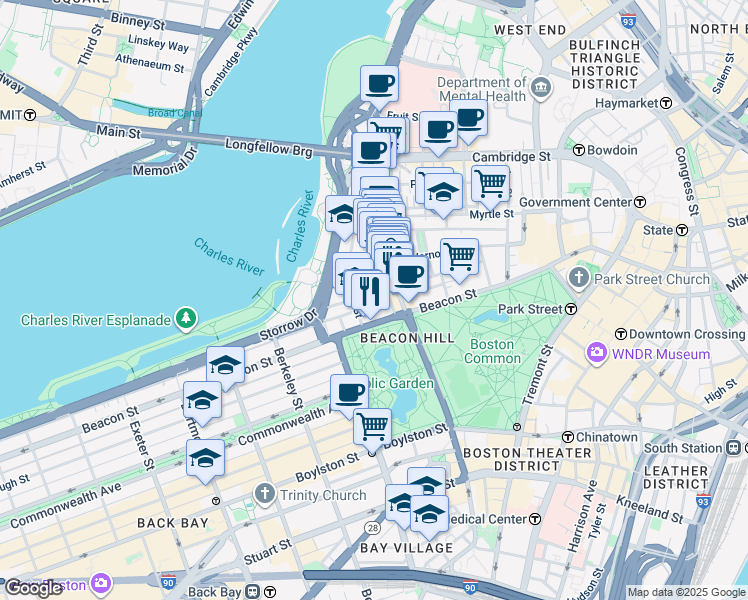 map of restaurants, bars, coffee shops, grocery stores, and more near 36 Lime Street in Boston