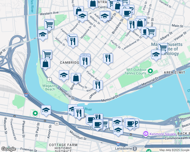 map of restaurants, bars, coffee shops, grocery stores, and more near 216 Sidney Street in Cambridge