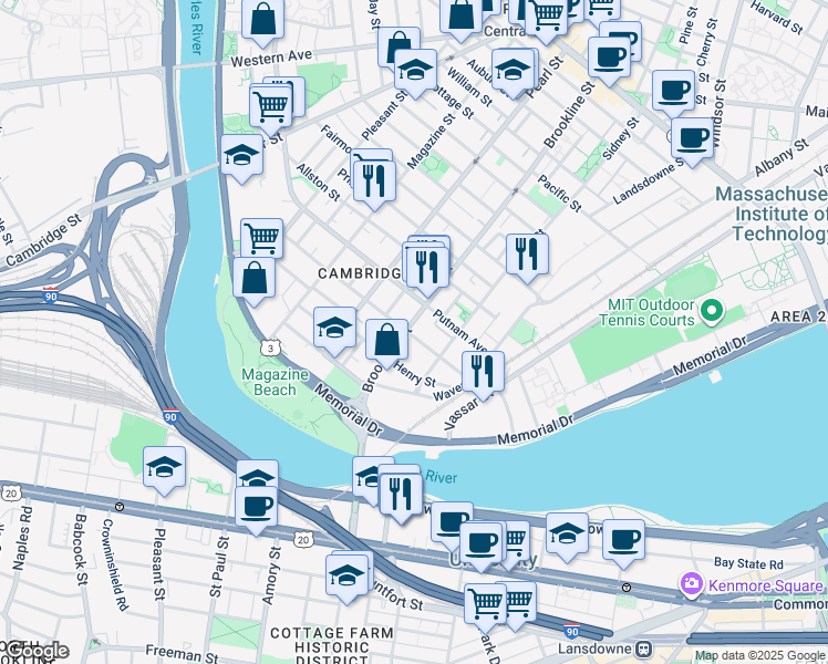 map of restaurants, bars, coffee shops, grocery stores, and more near 97 Chestnut Street in Cambridge